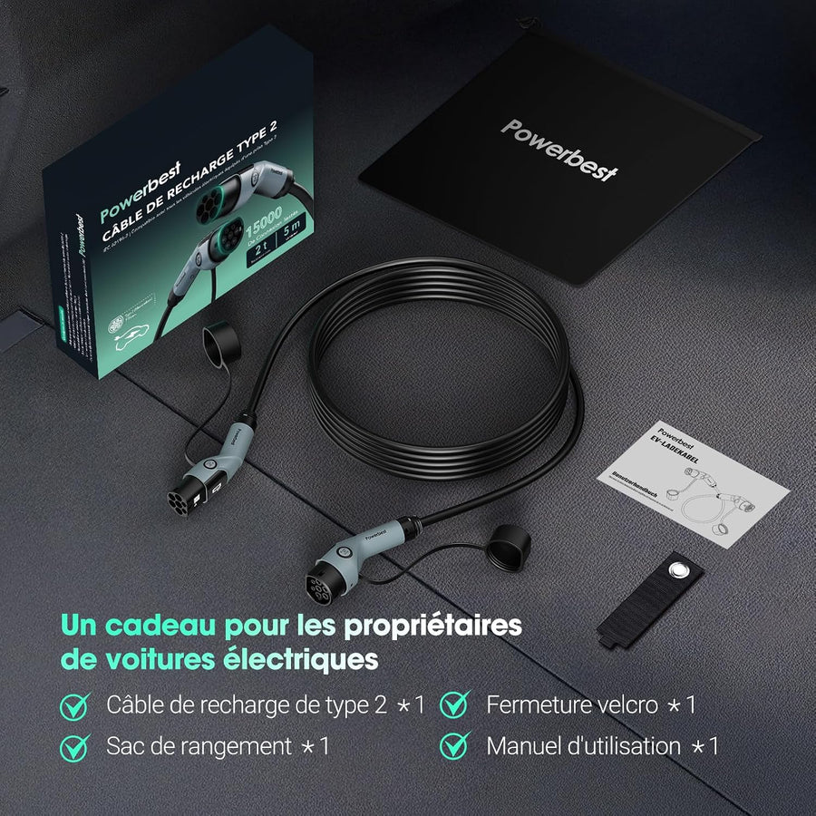 Câble de Charge Type 2, 22KW 5M 32A Voiture Électrique Triphasé Type 2 à Type 2 EV/PHEV
