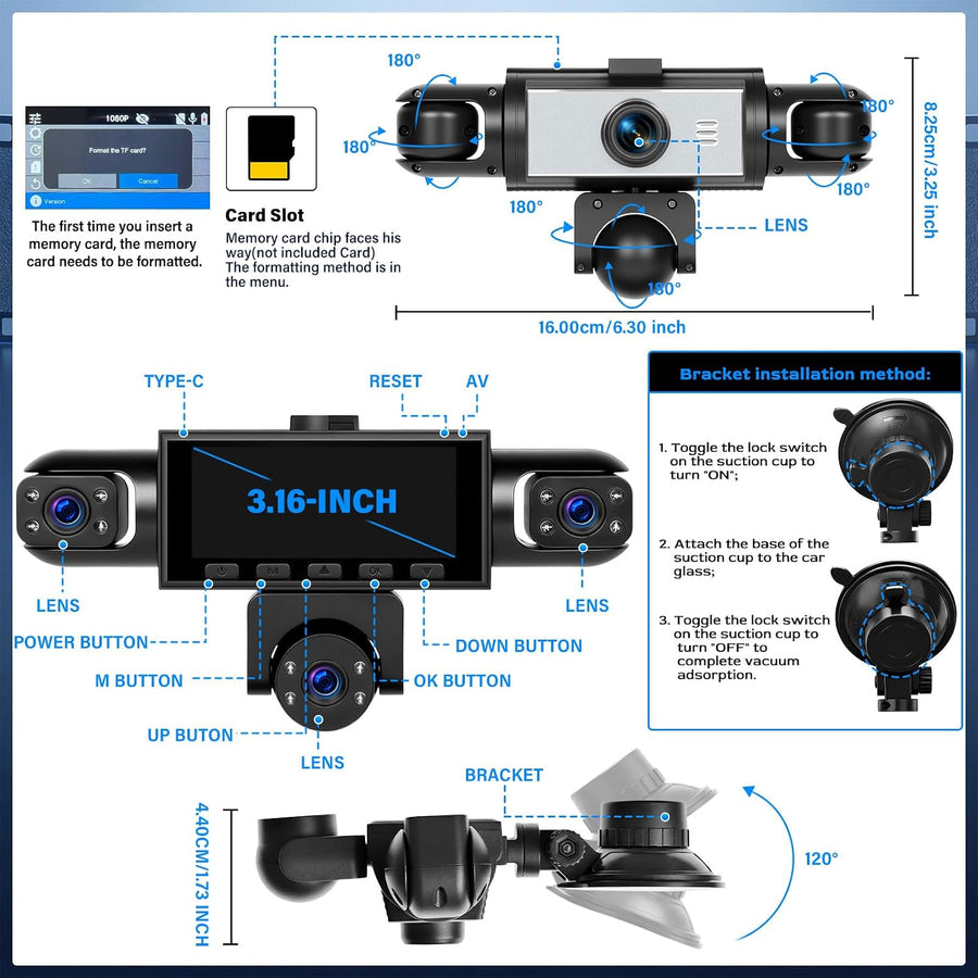 Caméra embarquée 5 canaux 1080P Avant arrière intérieur, écran IPS 3,16" | Dashcam Voiture 360 Degrés, surveillance de stationnement 24 heures, capteur G, enregistrement en boucle, installation facile