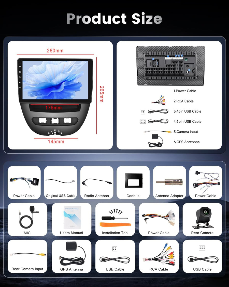 Autoradio 2+64 Go pour Peugeot 107 / Citroën C1 / Toyota Aygo (2004-2014). Compatible CarPlay, Android Auto, vidéo en ligne, navigation GPS et commandes au volant. 40 thèmes d'interface