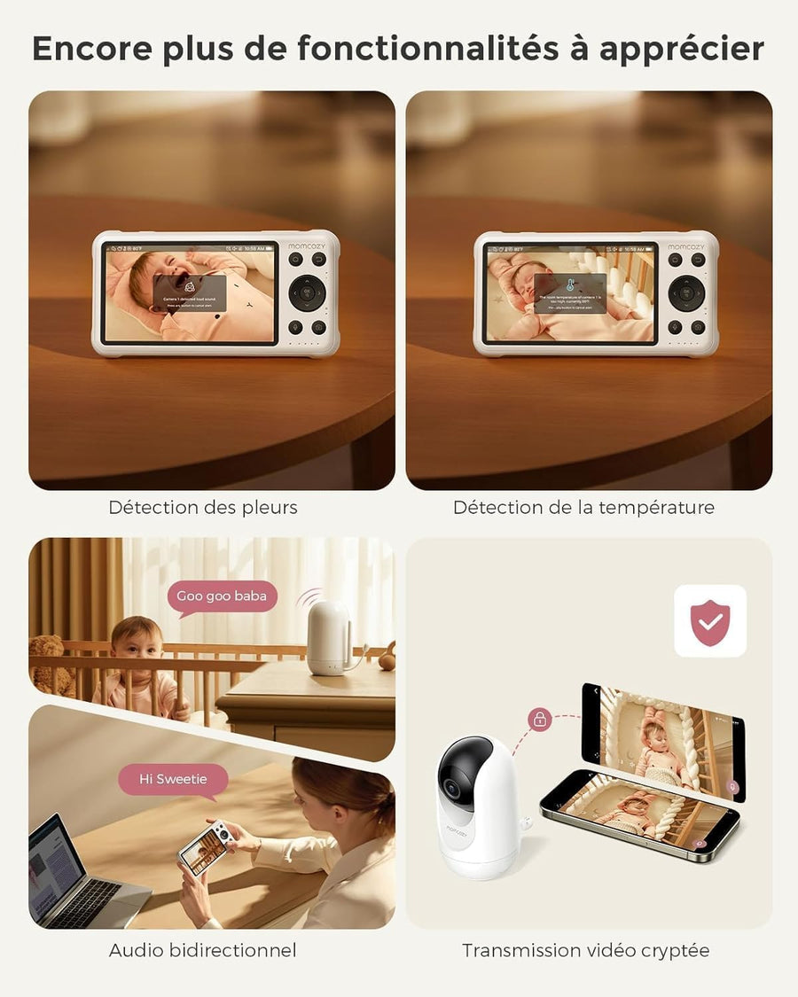 Babyphone Caméra BM04 | Écran 5 Pouces, avec ou sans WiFi | Livré avec 1 Caméra, Vision Nocturne 1080p, Portée 290 m, Autonomie 20h, Détection Pleurs et Mouvement