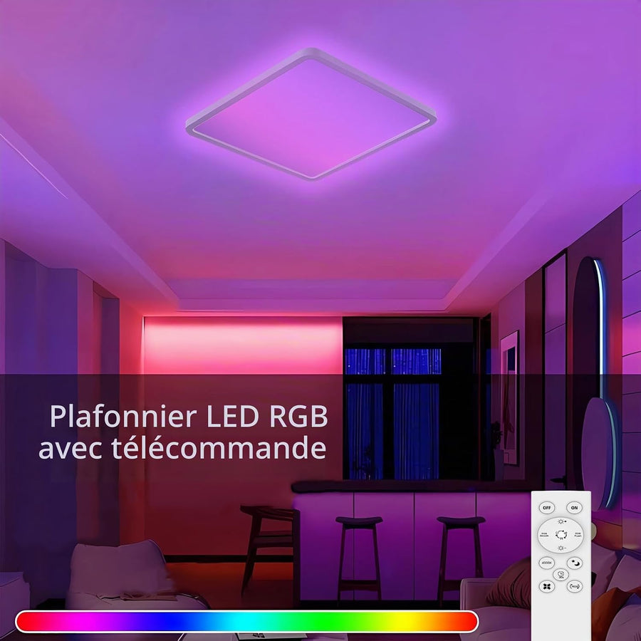 Plafonnier LED, intensité variable avec télécommande, 24 W, RGB, 4 000 K, design carré moderne pour salon, chambre, chambre d'enfant, salle de bain, 29 x 2,5 cm