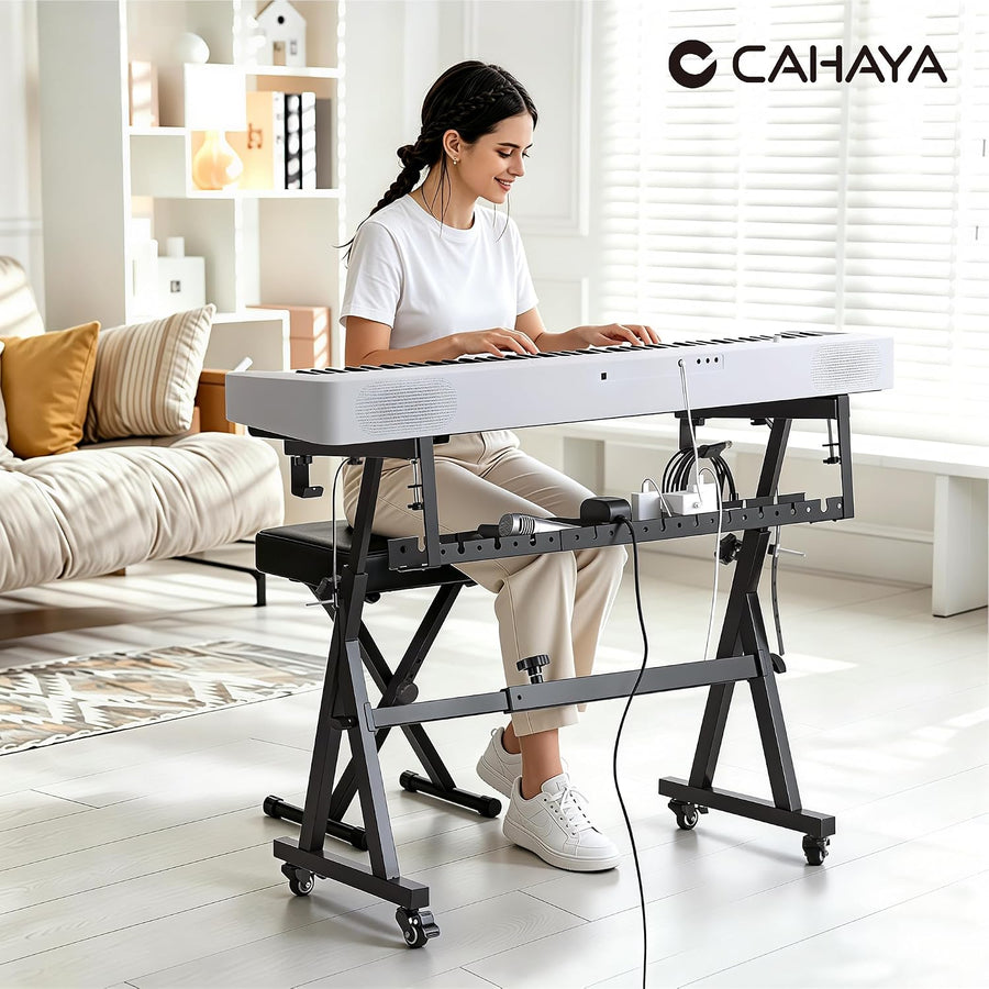 Support Clavier en Z avec Banc, Support Piano Numérique Réglable, panier de rangement intégré, très stable, roulettes verrouillables, montage facile