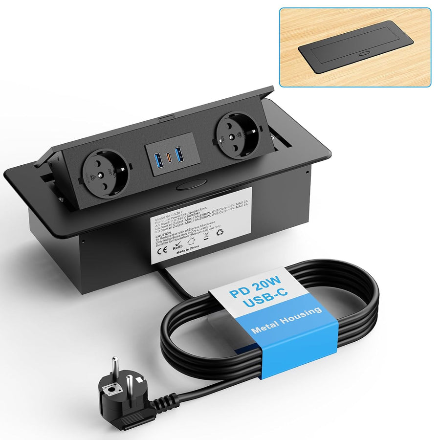 Prise Encastrable Plan de Travail, USB-C PD 20W, 2 Prises, Noir Multiprise Encastrable 2 prises, USB-C PD 20W, 2 USB-A 18W, boîtier métal, pour bureau, table de réunion et plan de travail
