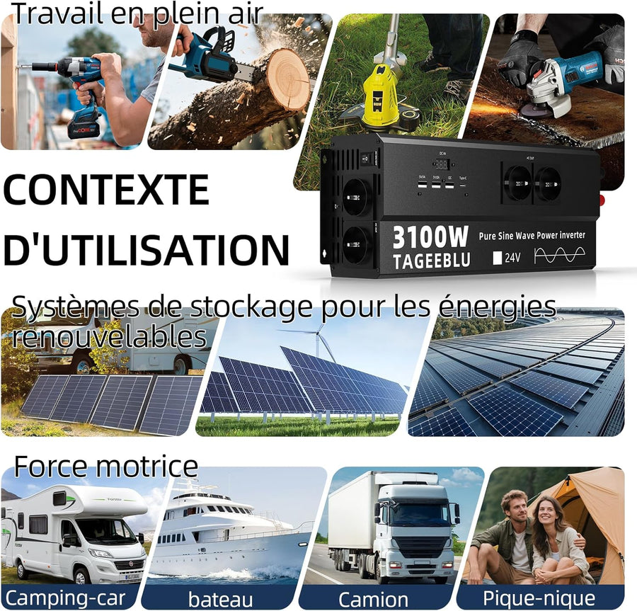 3100W Pur Sinus convertisseur 24v 220v Camion, transformateur 24v 220v, convertisseur pour véhicules avec Clip Alligator, 4 Prises UE et écran LCD