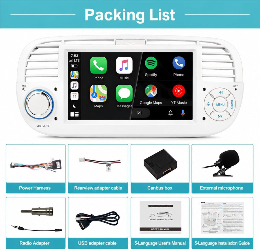 Autoradio pour Fiat 500 2013-2020,Linux,démarrage 2s,Écran Fiat 500 Compatible avec Le contrôle au Volant,CarPlay/Android Auto sans Fil,Radio RDS,DSP,4x45W,Bluetooth,Canbus,USB,1-DIN,Plug&Play-Beige