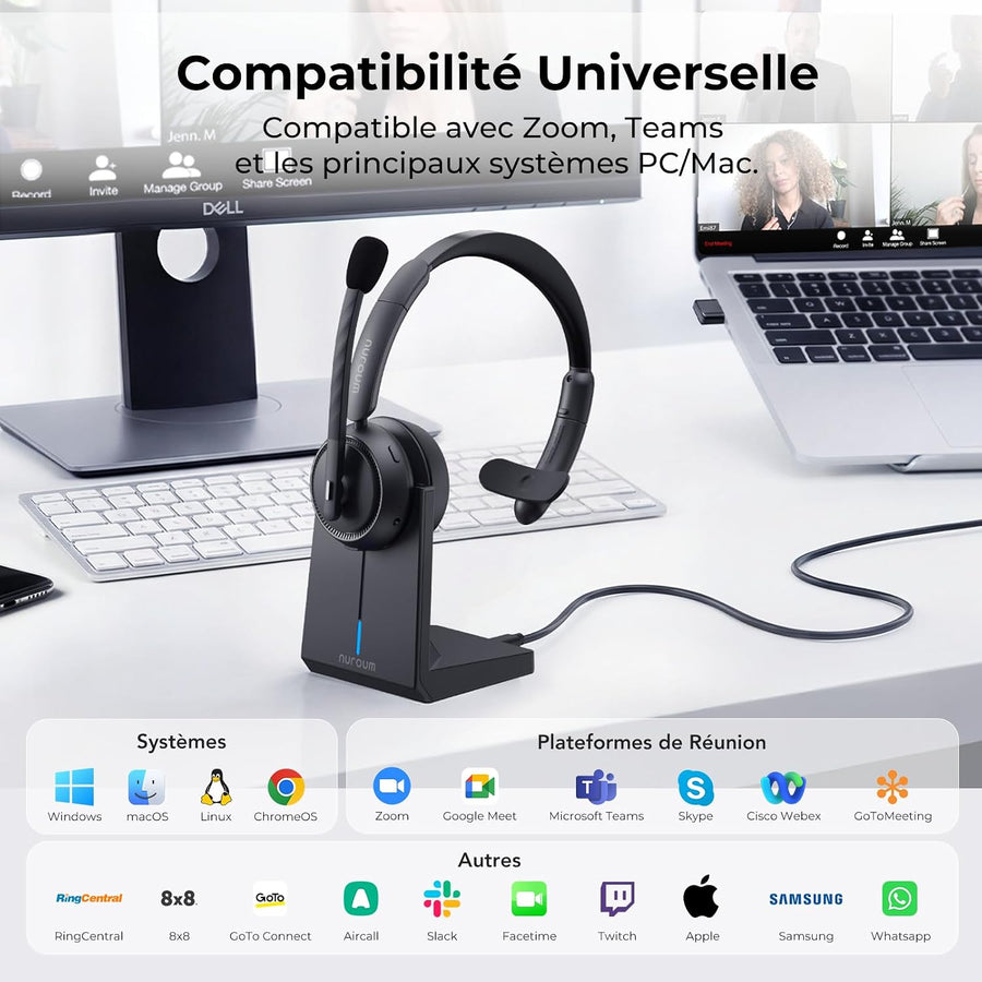 Nuroum HP31S 2026 Casque Bluetooth Sans Fil avec Micro, Réduction de Bruit ENC, Casque PC Mono avec Station de Charge,Clé USB-A&C/Bluetooth/Dongle,45H d'Autonomie pour CallCenter/Travail/Appels/Bureau
