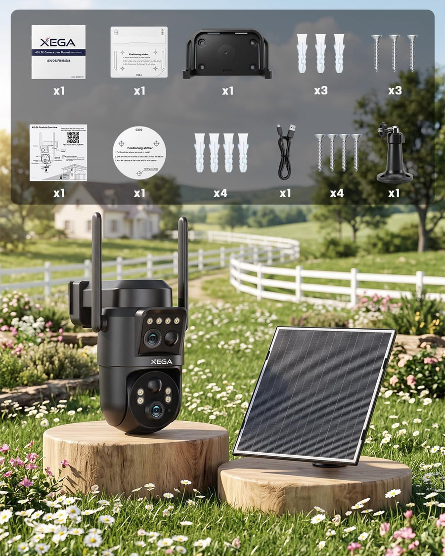 Caméra Solaire 4G LTE Double Objectif avec Carte SIM Extérieure 8W Panneau Solaire, Batterie 12000mAh, Résolution 1080P, Détection Humaine PIR, Vision Nocturne Couleur, Audio Bidirectionnel