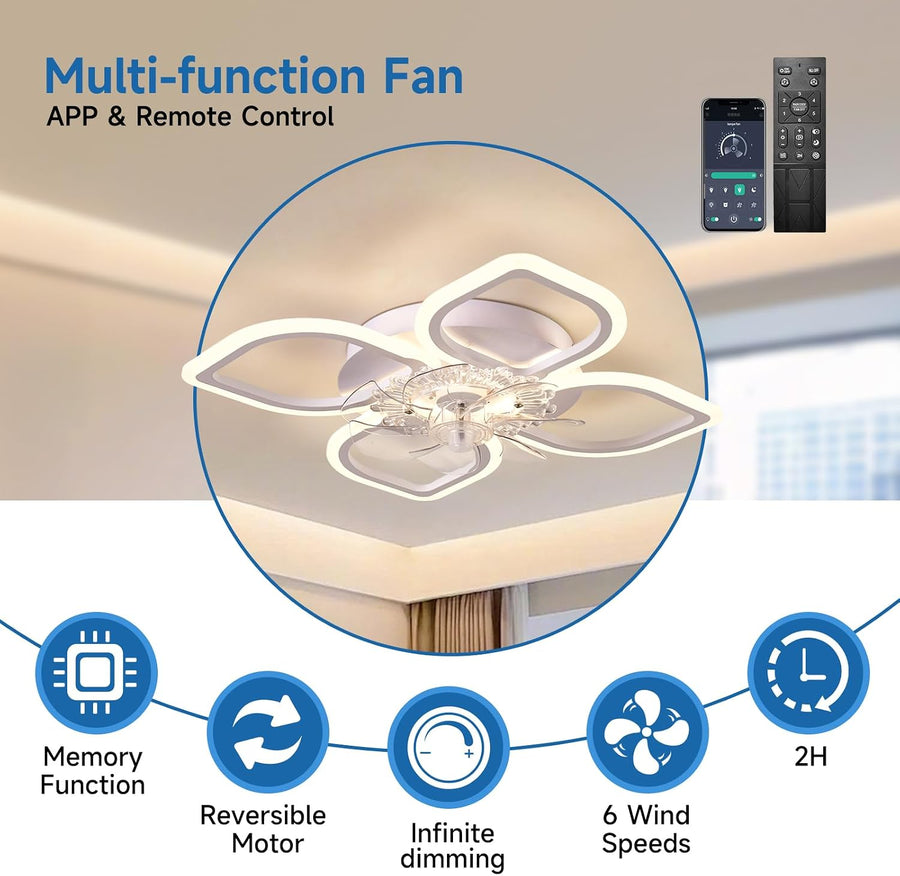 Ventilateur de plafond avec éclairage LED 68 cm, blanc - 6 vitesses, lampe de plafond à intensité variable pour salon et chambre, éclairage et ventilateur commutables séparément