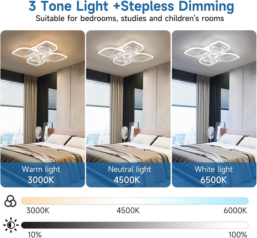Ventilateur de plafond avec éclairage LED 68 cm, blanc - 6 vitesses, lampe de plafond à intensité variable pour salon et chambre, éclairage et ventilateur commutables séparément