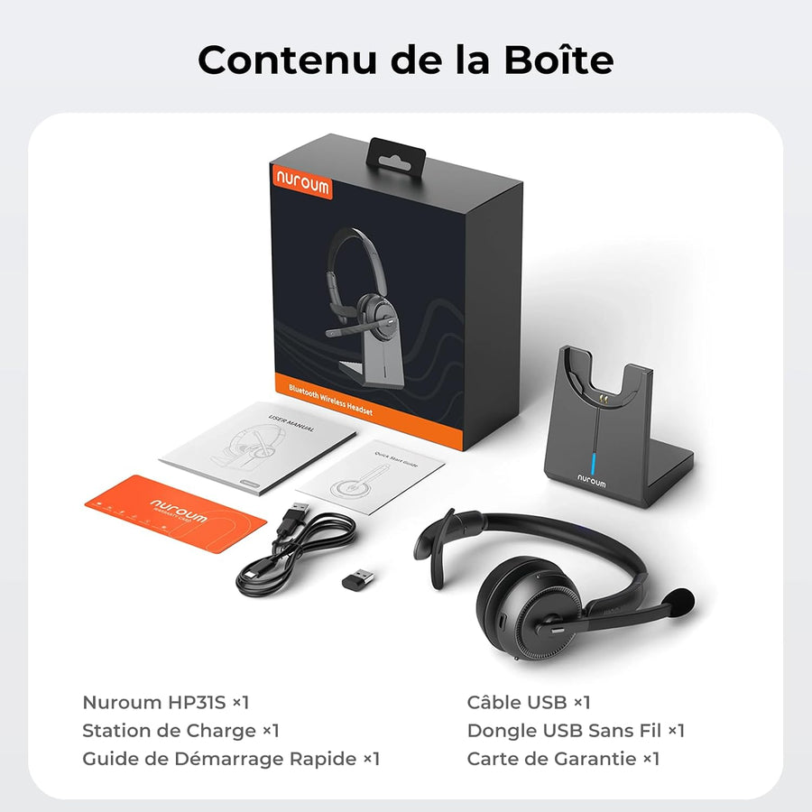 Nuroum HP31S 2026 Casque Bluetooth Sans Fil avec Micro, Réduction de Bruit ENC, Casque PC Mono avec Station de Charge,Clé USB-A&C/Bluetooth/Dongle,45H d'Autonomie pour CallCenter/Travail/Appels/Bureau