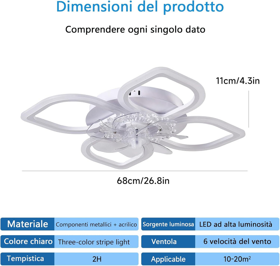 Ventilateur de plafond avec éclairage LED 68 cm, blanc - 6 vitesses, lampe de plafond à intensité variable pour salon et chambre, éclairage et ventilateur commutables séparément