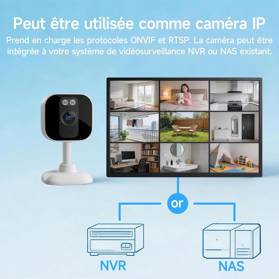 Caméra de Surveillance Intérieure 3MP 2K HD pour Fenêtre | WiFi & Bluetooth, Caméra Connectée avec Vision Nocturne Couleur, Enregistrement 24/7, Détection de Mouvement, Audio
