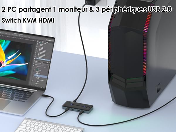 Commutateur KVM HDMI, 1 écran, 2 commutateurs KVM d'ordinateur 4K@144Hz, HDCP 1.4/2.3, 3 USB‑A 2.0 pour clavier sans fil, souris, imprimante, Plug & Play pour Windows, Mac et Linux