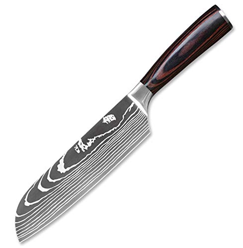 Couteau de Cuisine Professionnel Japonais Damas Santoku Lame 18cm Acier Carbone Inoxydable