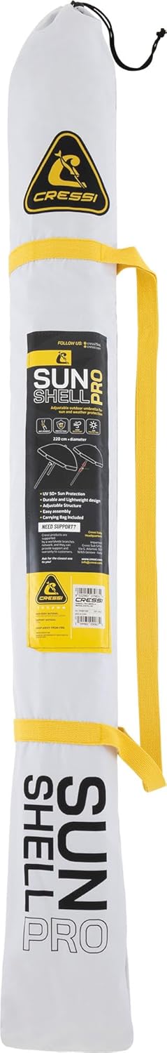 Cressi Sunshell Pro Umbrella - Parasol d'Extérieur Léger et Portable, Réglable et Inclinable pour se Protéger du Soleil et des Intempéries, Blanc/Noir/Jaune, Ø 220cm