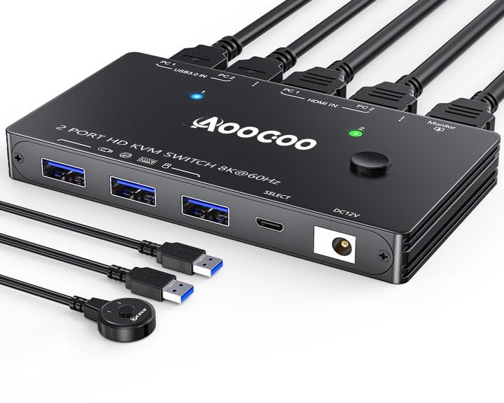 Commutateur KVM HDMI 2 PC 1 moniteur 8K à 60 Hz/4K à 120 Hz Commutateurs KVM télécommande filaire Câble USB 3.0 inclus