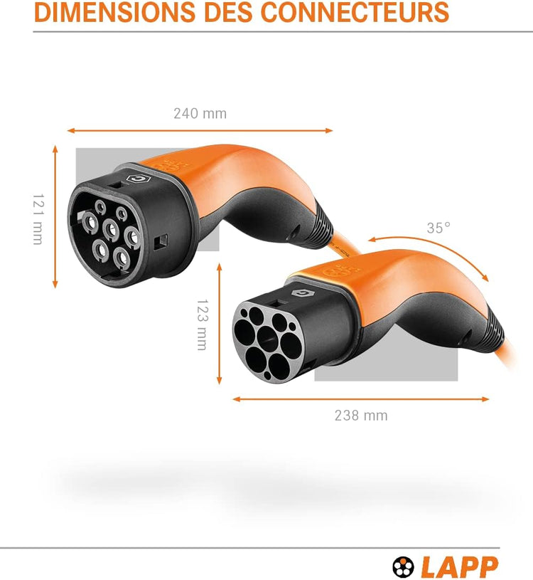 Câble de Recharge Voiture Electrique Type 2 32A 22kW 5M ORANGE