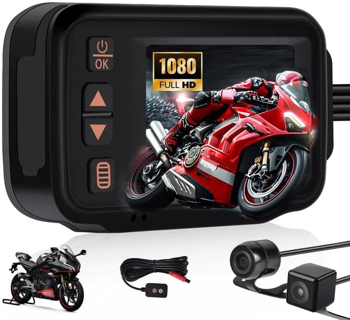 Dashcam Moto 1080P avec Caméra Avant + Arrière, 2 Pouces IPS HD Écran Voiture Dash Cam Moto avec IP65, Détection de Mouvement, Surveillance Parking pour Universel Motos