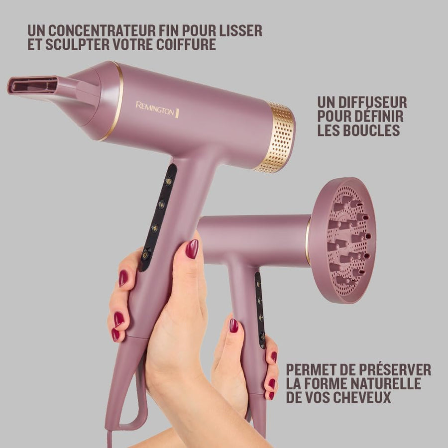 Remington AIRvive Sèche-cheveux [Moteur BLCD silencieux, 240km/h flux d'air] Concentrateur+diffuseur (Technologie Ionic Air pour styles longue durée, 12 combinaisons de chauffage et vitesse)