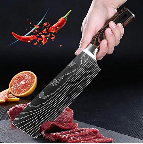 Couteau de Cuisine Professionnel Japonais Damas Hachoir Lame 18cm Acier Carbone Inoxydable