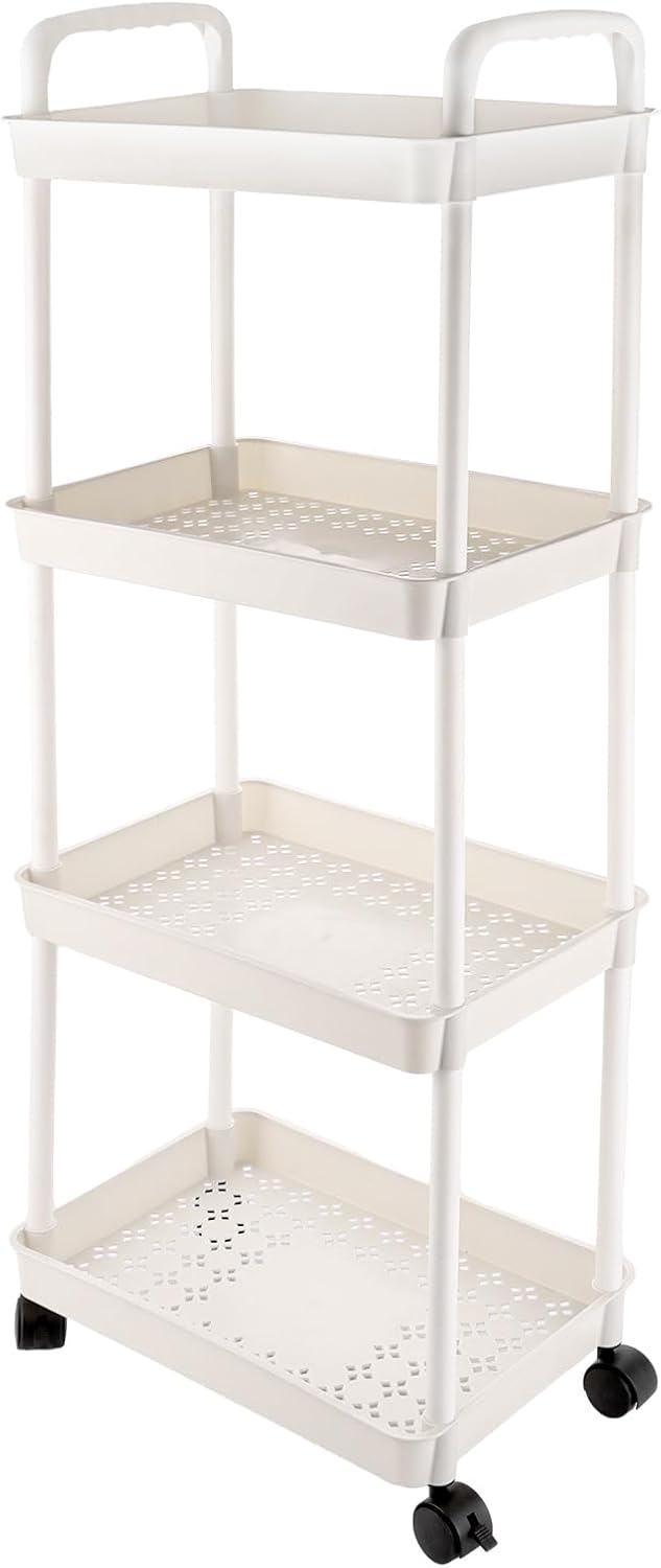 Chariot de Cuisine avec roulettes à 4 étages Chariot de Rangement Multifonction pour Cuisine, Maquillage, Salle de Bain, Bureau BLANC