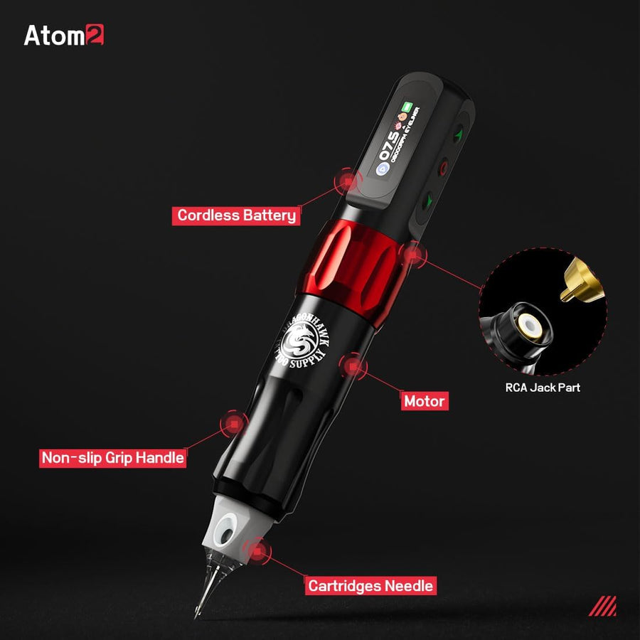 Dragonhawk Atom2 machine a tatouer Rotary Tattoo Microblading Pen 2,8mm Strokes Length Avec 1 Batteries with Rca Jack for Eyebrow Eyeliner Lip (RED 1 BATTERY)