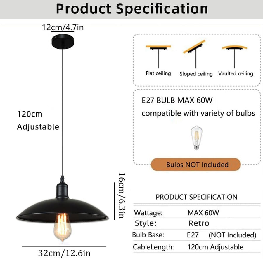 Lot de 2 Suspension Luminaire Industrielle Lustre Plafonnier Industrie Lampes E27 Corde Ajustable 32CM Lustre Noir et Blanc