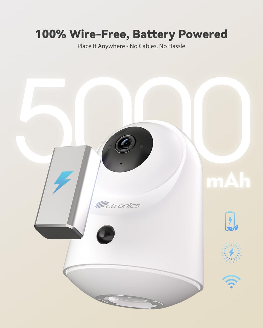 Caméra Surveillance Intérieure sans Fil Batterie, WiFi 2.4/5GHz, 2K Vision Nocturne Infrarouge 20 m, Accès PC/App, 128Go/Cloud Stockage, Détection PIR, Audio Bidirectionnel