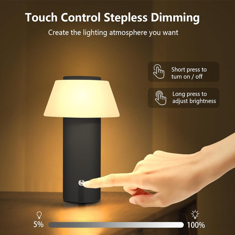 Lampe de Table LED Sans Fil Lampe Champignon Tactile Dimmable Batterie Rechargeable Etanche NOIR