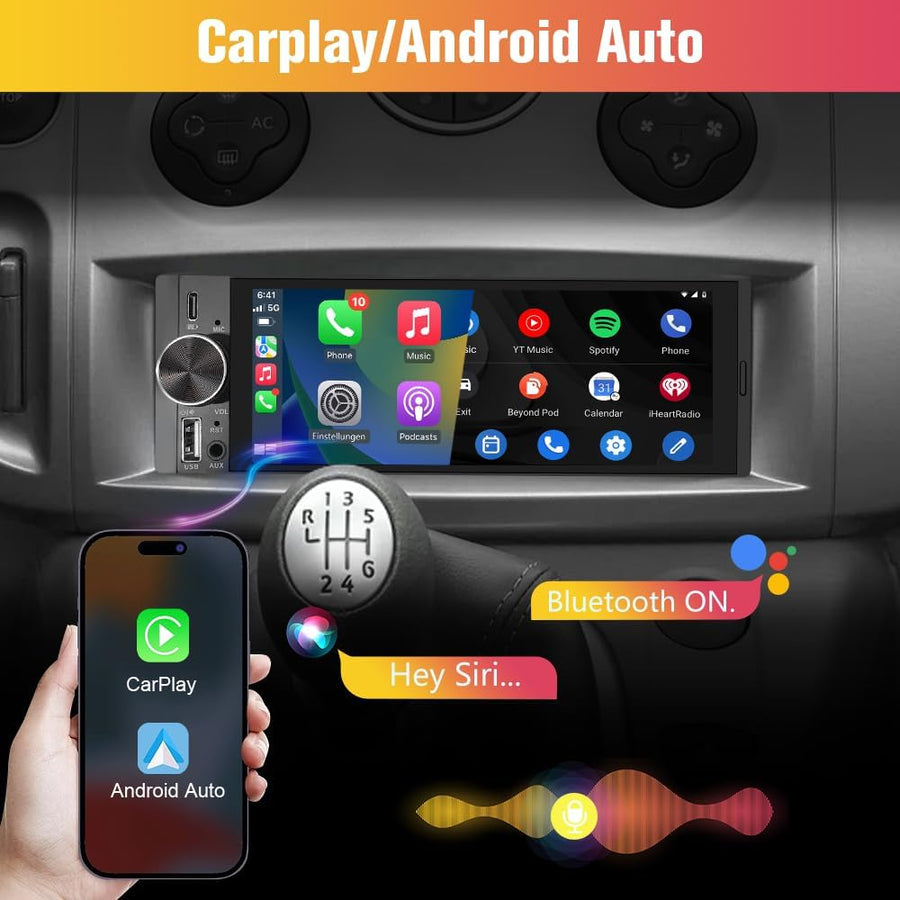 Autoradio 1 DIN avec Écran Tactile HD 6,36" | CarPlay & Android Auto sans Fil | Bluetooth 5.0 | FM | USB Type-C | Commande Vocale | Compatible Caméra de Recul