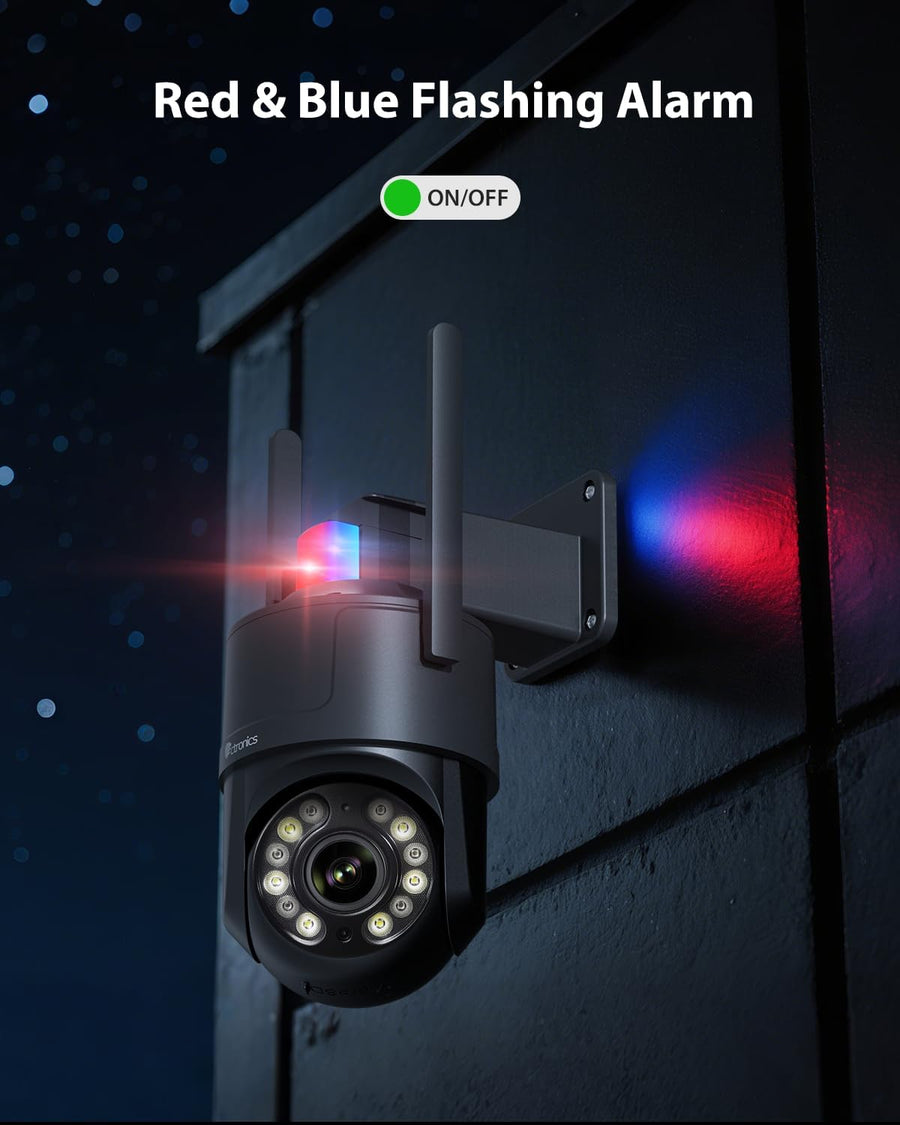 Caméra Surveillance 4K Extérieure avec Zoom Optique 5X, Vision Nocturne Couleur/IR Starlight 50m, Suivi Auto, Lumière Rouge-Bleue & Sirène, WiFi 5G/2,4G, App/PC, SD 256Go/FTP/NAS NOIR