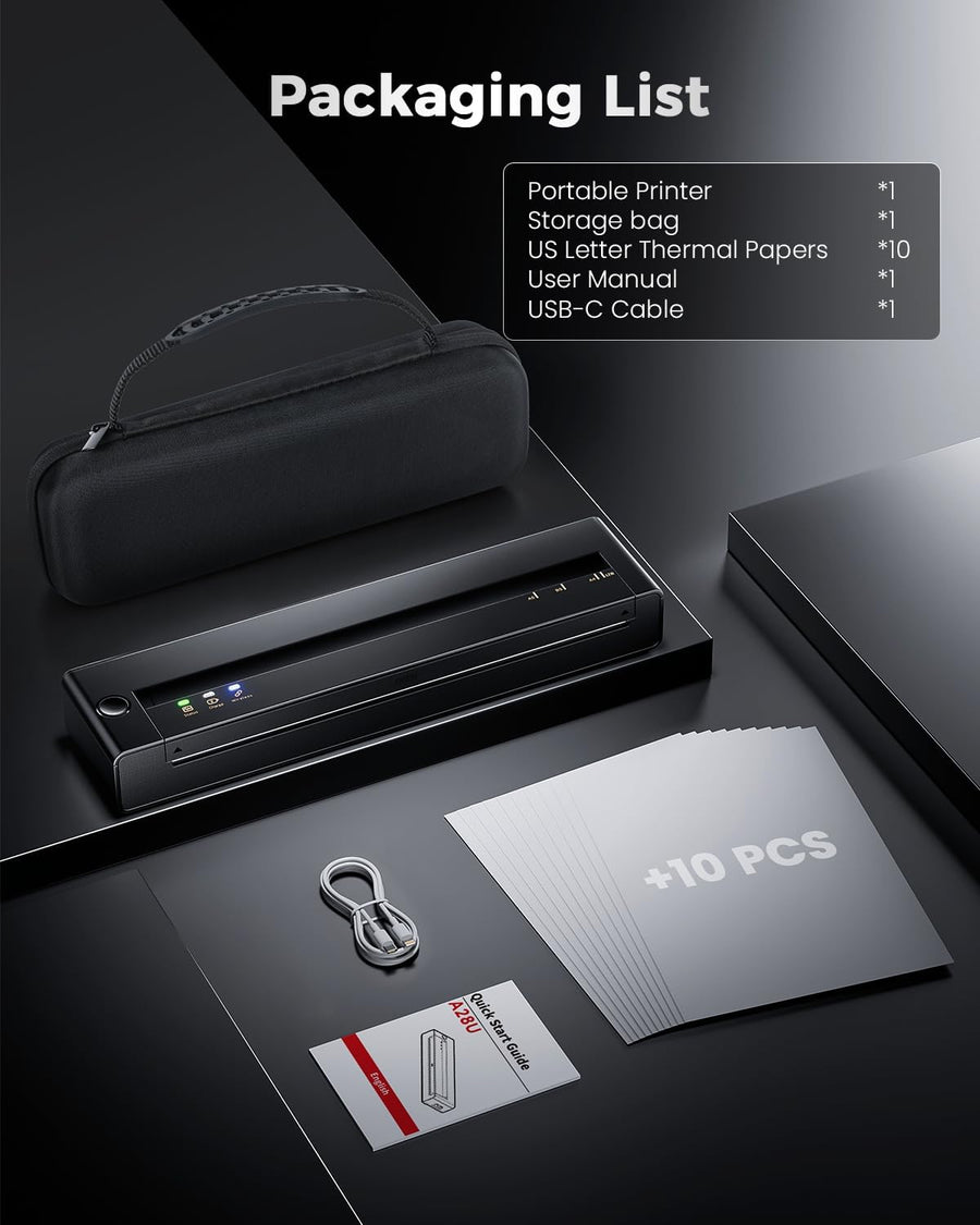 Imprimante Thermique Portable avec Étui, A28U sans Fil sans Encre A4/A5/B5, Impression Claire, Longue Autonomie, Bluetooth iOS Android