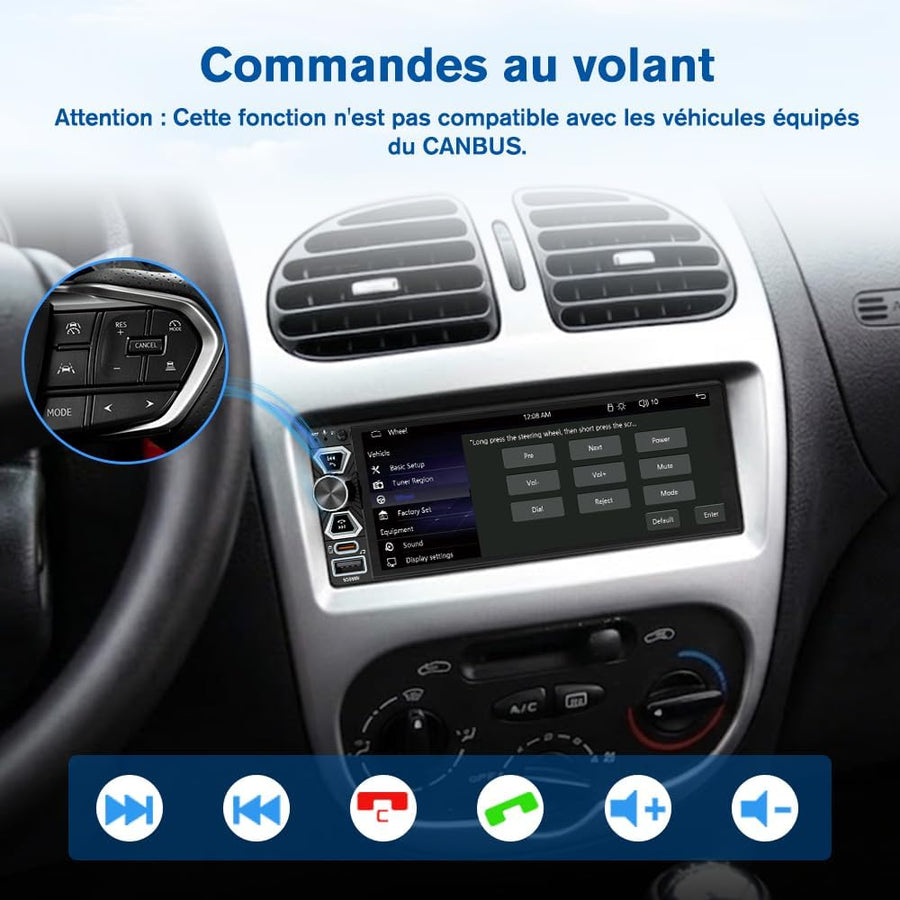 Ecran Carplay Autoradio 1 DIN CarPlay 6,9 Pouces Écran Tactile CarPlay et Android Auto sans Fil, Bluetooth, Télécommande, GPS, Caméra de Recul, Radio FM, Mirror Link