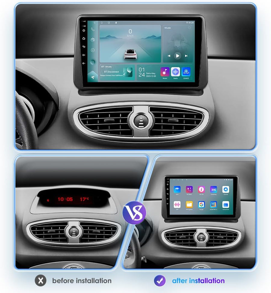 Autoradio 9" Android 13 pour Renault Clio 3 2005-2014 4 cœurs 2 Go et 64 Go de mémoire, prend en charge Carplay/Android Auto, commande au volant, Wi-Fi/4G, AM/FM