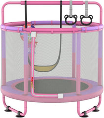 Trampoline pour enfant, pour l'extérieur, intérieur et extérieur, avec filet de sécurité, panier, barre, balançoire ROSE