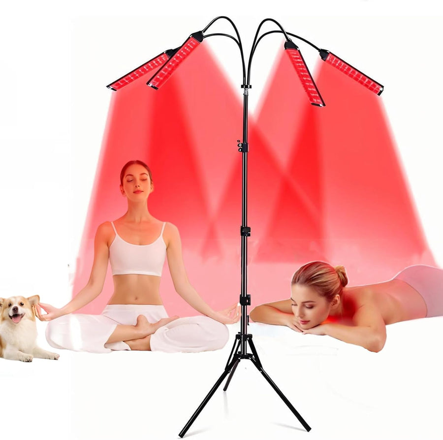 Lampe de luminothérapie rouge avec lumière infrarouge 660 nm et 850 nm – 420 LED, 5 niveaux, 4 panneaux réglables, minuterie et support pour soulager les douleurs du corps entier, visage, dos