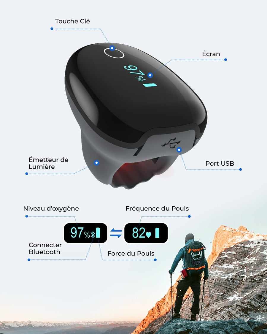 Oxymètre de pouls rechargeable O2 Ring, moniteur Bluetooth HealthTree pour suivi continu du SpO₂ et du rythme cardiaque