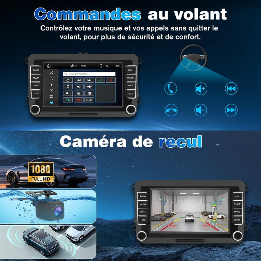 Autoradio 7" Carplay pour VW Golf 5 6 Polo CarPlay & Android Auto Sans Fil, Bluetooth, FM radio, DSP, 4x45W, Caméra Recul Dyn, Microphone
