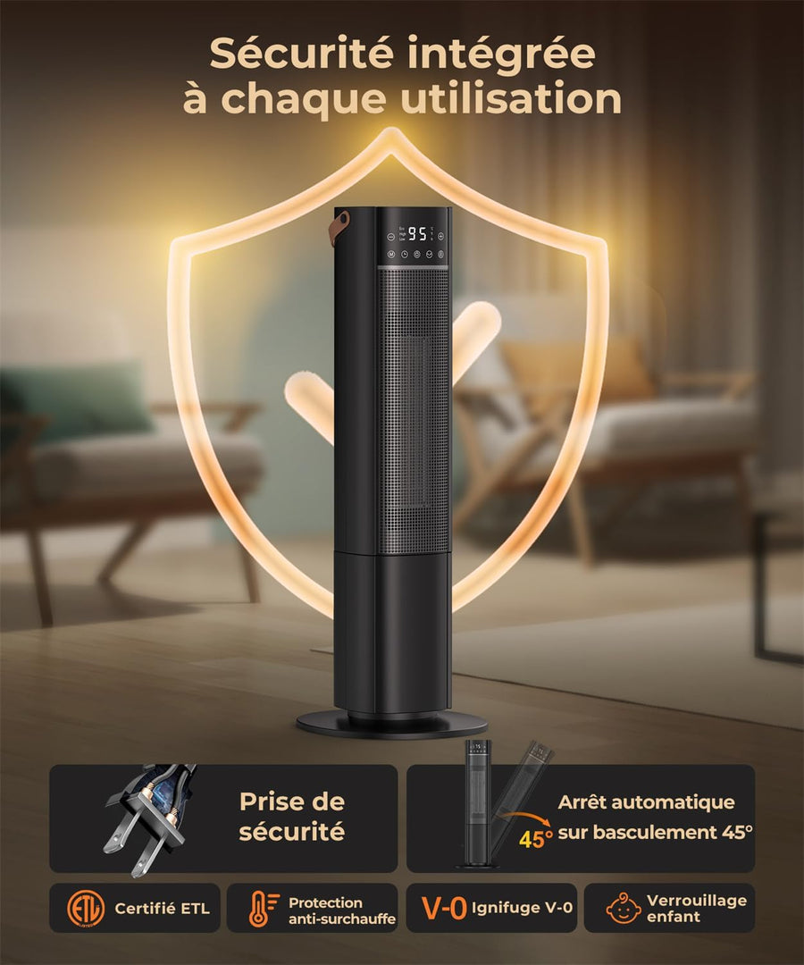 Chauffage d'Appoint, 2000W PTC Chauffage Electrique, Oscillant à 75°, 3 Modes, Minuterie 24H, Télécommande, Protection contre Basculement/Surchauffe, Radiateur Soufflant