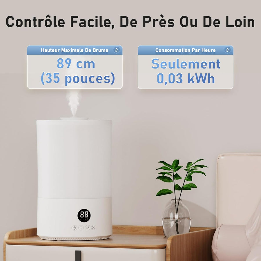 Humidificateur d'air Chambre 4L, Top-Fill, Télécommande, 40H Autonomie, Arrêt Automatique, Buse 360°, Minuterie 24 heures, 20 dB Silencieux