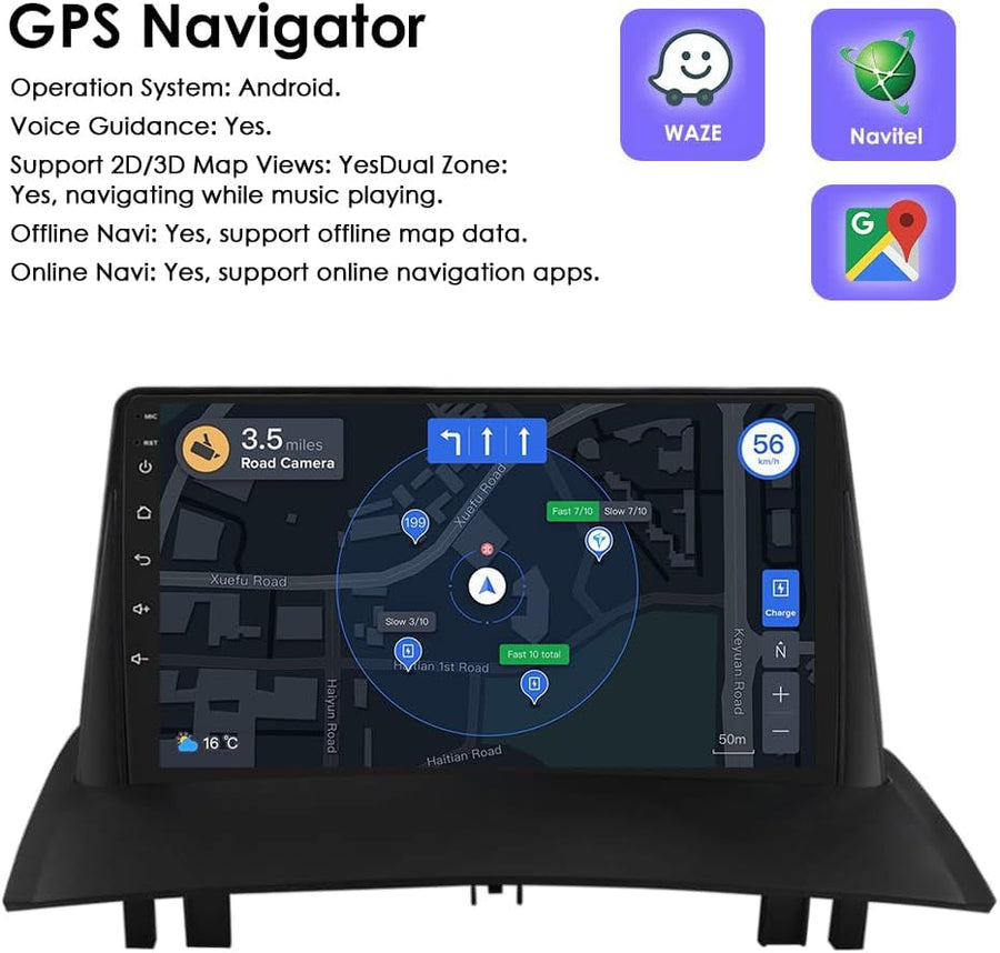 Ecran Carplay Android 14 Autoradio à écran tactile 9" pour Renault Megane 2 2002 2003 2004 2005 2006 2007 2008 2009 2 Go et 64 Go de mémoire Prend en charge Carplay/Android Auto sans fil, commande au volant