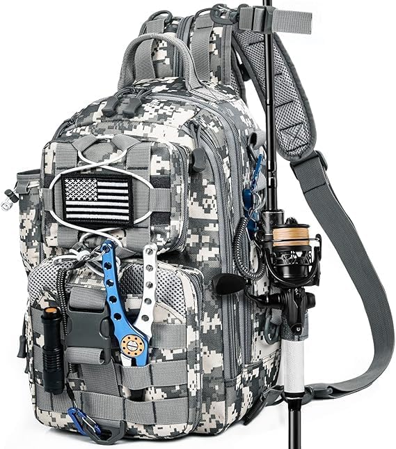 Sac à Dos de Pêche avec Support de Canne à Pêche, Sac de Pêche Portable en Bandoulière, Sac de Pêche Imperméable et Multi-Poches pour Pêche, Randonnée et Voyage
