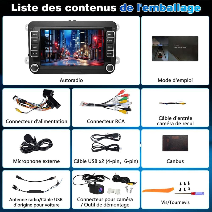 Autoradio 7" Carplay pour VW Golf 5 6 Polo CarPlay & Android Auto Sans Fil, Bluetooth, FM radio, DSP, 4x45W, Caméra Recul Dyn, Microphone