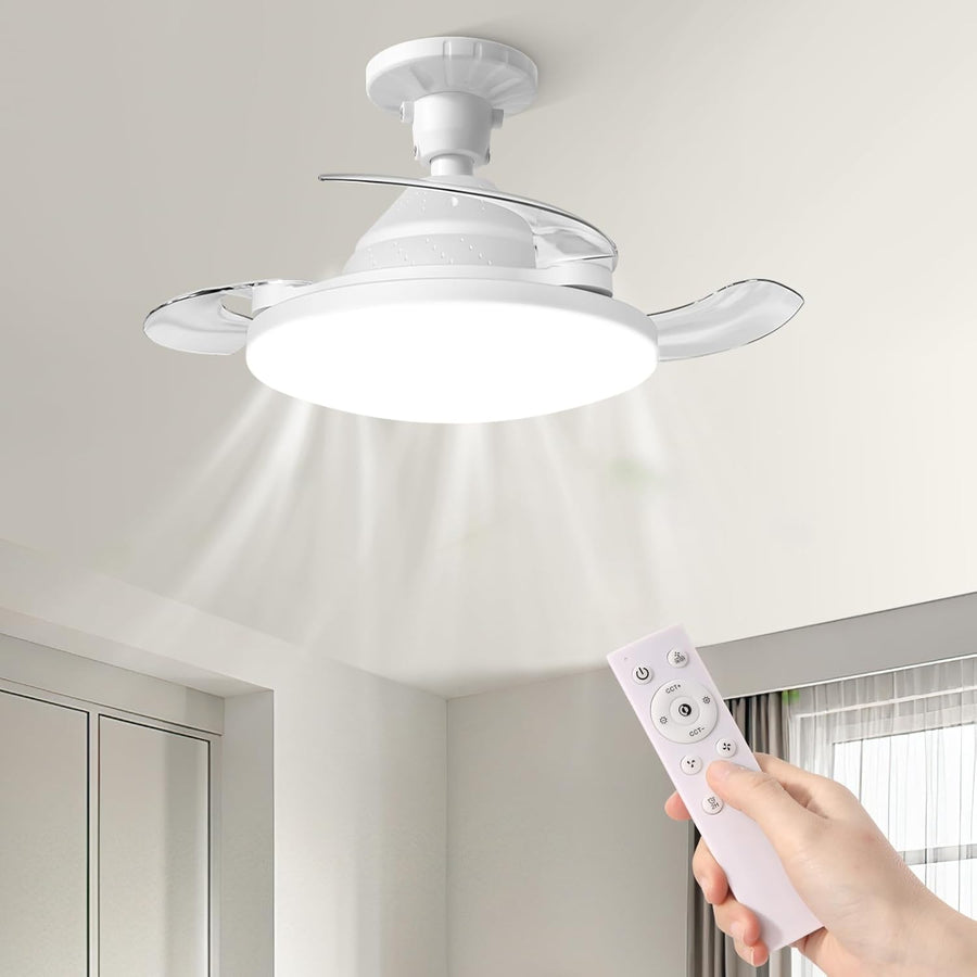 Ventilateur Plafond avec Lumière Pales Rétractable Télécommande 3 Niveaux Luminosité 3 Vitesse Eclairage 57cm Lampe Silencieux BLANC