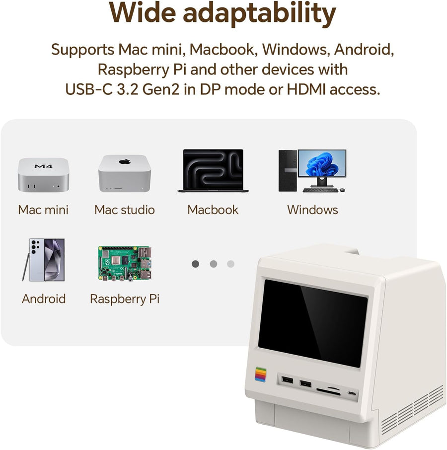 Station d'accueil rétro pour Mac Mini M4, écran HD 5", boîtier SSD M.2 NVMe 10 Gbps, Lecteur de Carte SD/Micro SD 4.0, 4 Ports USB-A, 1 Port USB-C (10 Gbps), Prise Casque 3,5 mm