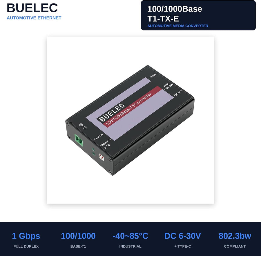 Convertisseur de média Ethernet automobile 100/1000Base-T1-TX-E – Adaptateur T1 vers RJ45 1 Gbit/s, Marvell 88Q2112 + RTL8211FI, bornier + adaptateurs TE MATEnet/HMTD, alimentation Type-C/DC