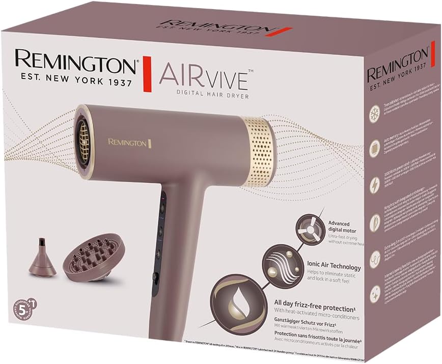 Remington AIRvive Sèche-cheveux [Moteur BLCD silencieux, 240km/h flux d'air] Concentrateur+diffuseur (Technologie Ionic Air pour styles longue durée, 12 combinaisons de chauffage et vitesse)