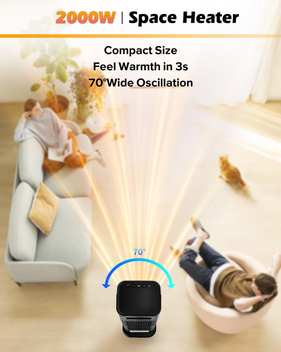 Chauffage d'appoint Electrique 2000W, Radiateur Soufflant céramique avec 70°Oscillation, 4 Modes, Thermostat, Minuterie 12H, Télécommande, Chauffage Soufflant pour Chambre Maison Intérieur