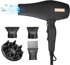 Sèche cheveux avec diffuseur, sèche-cheveux ionique, 2400 W, avec 2 embouts concentrateurs, 1 diffuseur, 1 embout peigne NOIR