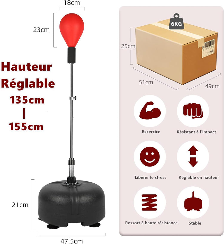 Punching Ball sur Pied Enfant Sac de Frappe Boxe avec Base à 6 Ventouses Hauteur Réglable 135-155 cm